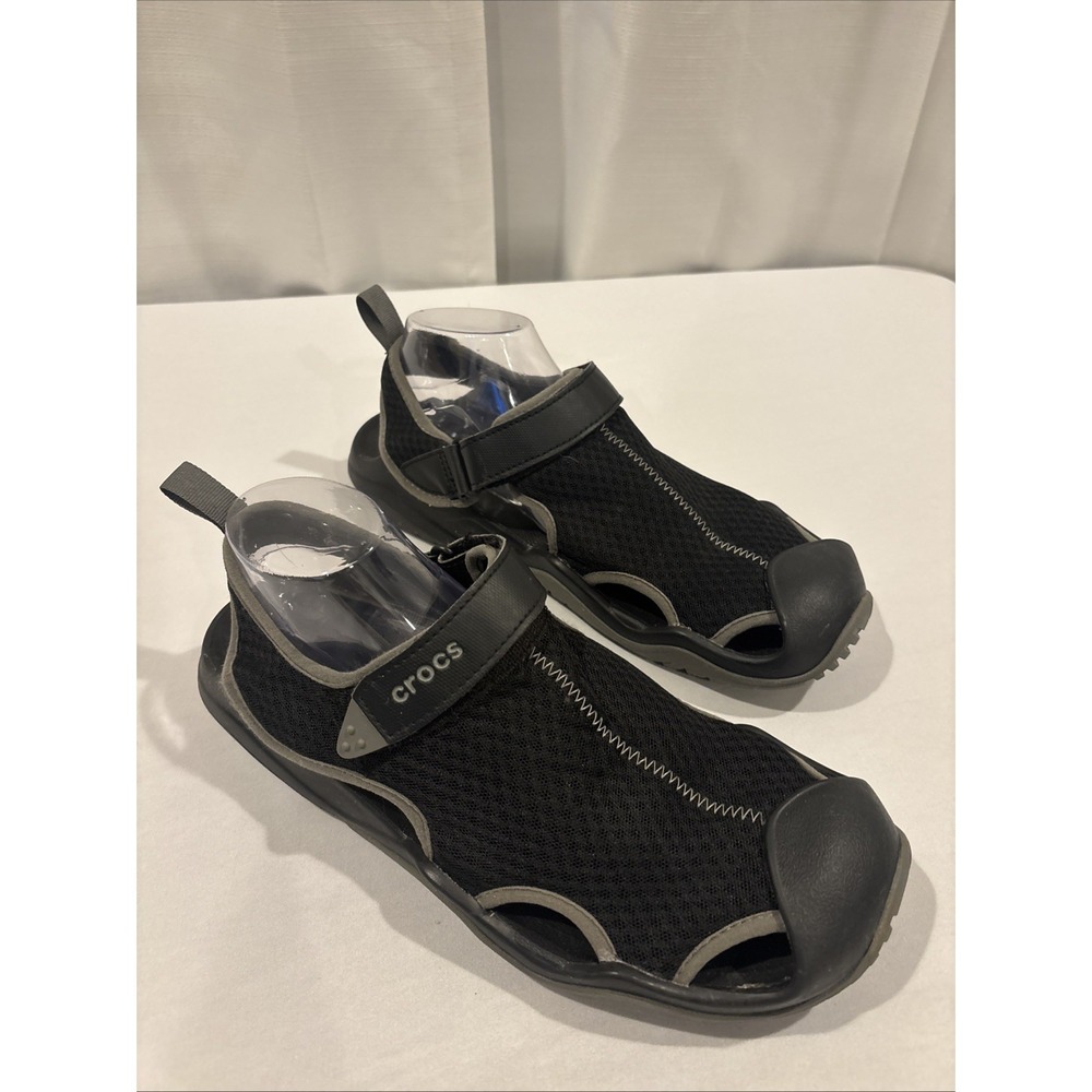 Crocs Men's 12 Swiftwater Mesh Deck Sandals Black Grey Slip On Water Shoes Beach